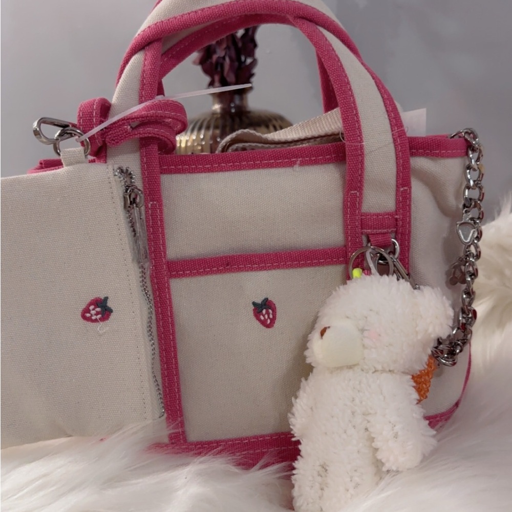 Pink and Cream Canvas Tote Bag with Bear Charm